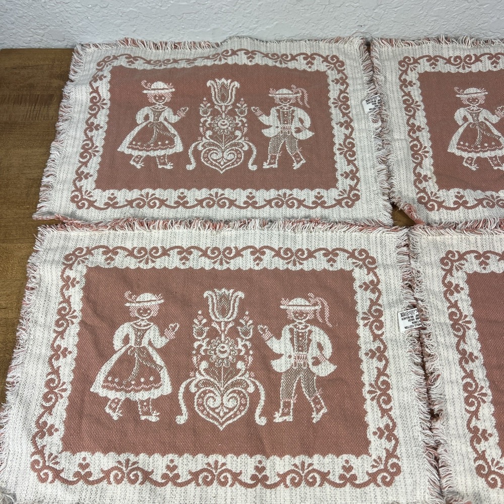 Vintage‎ Set Of 4 Austrian Placemats Pink Fringe Woven Folk Art Cotton/Linen - Picture 10 of 15